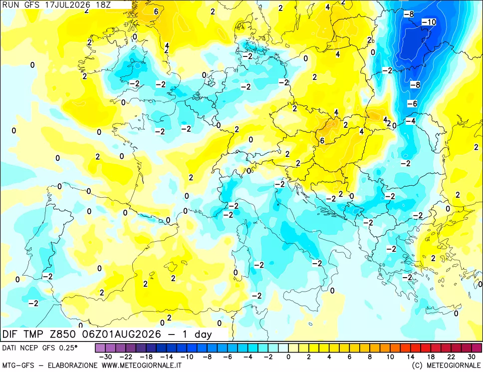mappa Dif. Temp a 850 hPa Valid - 1 day