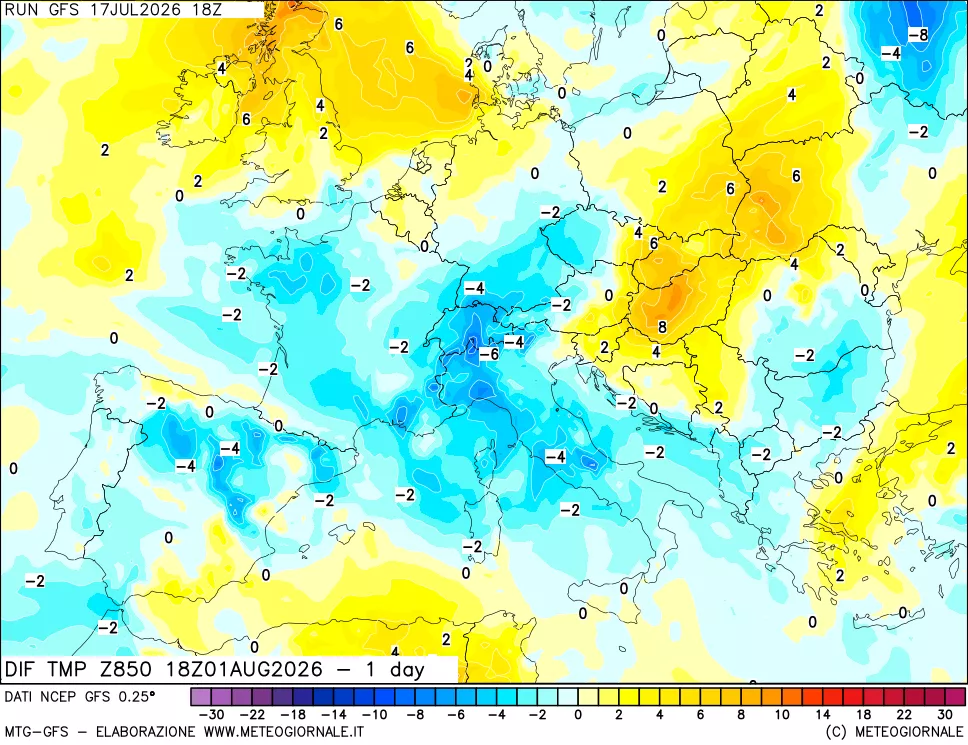 mappa Dif. Temp a 850 hPa Valid - 1 day