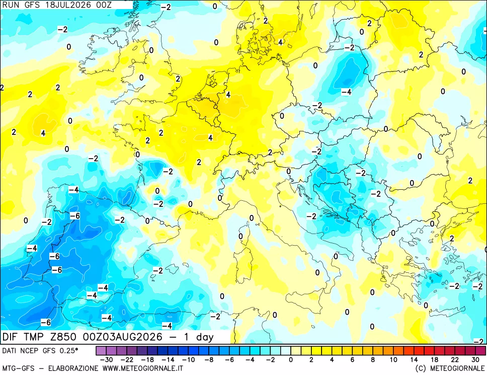 mappa 850 hPA Dif. Temp -24 ore