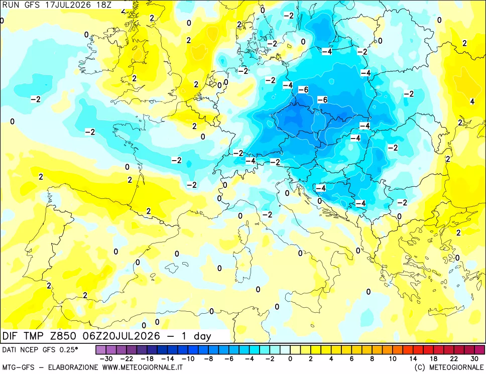 mappa Dif. Temp a 850 hPa Valid - 1 day