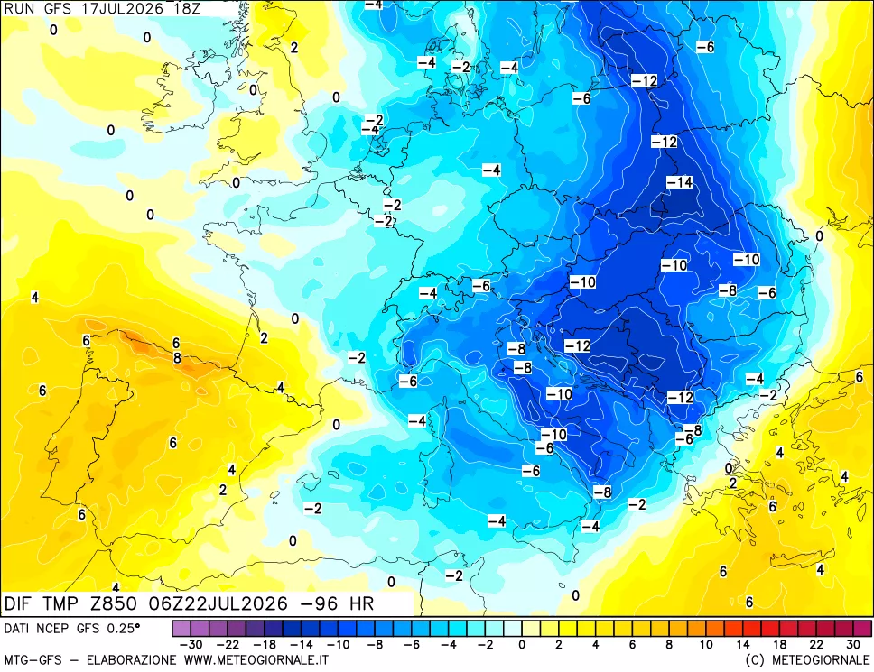 mappa Dif. Temp a 850 hPa Valid - Init