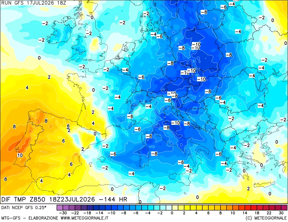 mappa Dif. Temp a 850 hPa Valid - Init