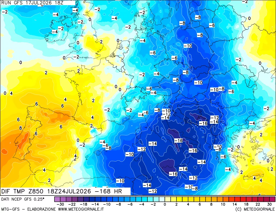 mappa Dif. Temp a 850 hPa Valid - Init