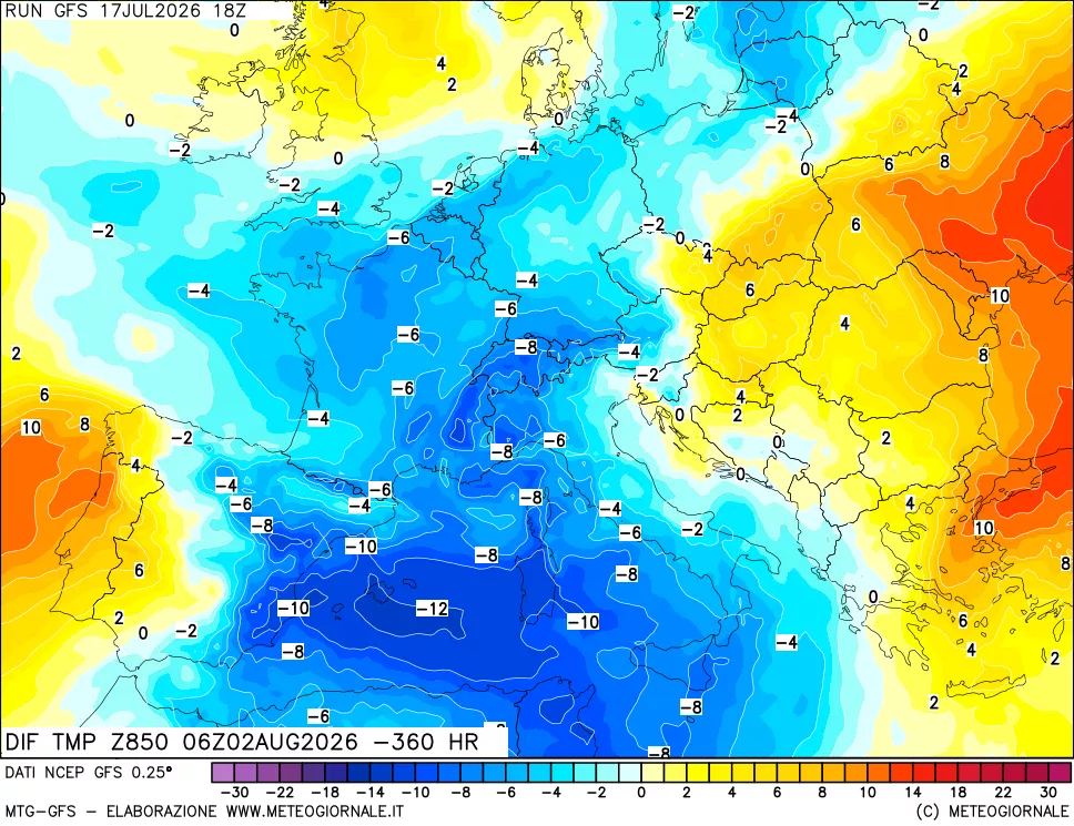 mappa Dif. Temp a 850 hPa Valid - Init