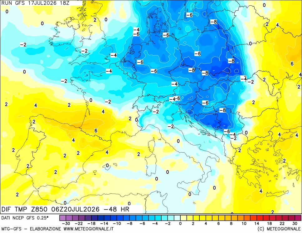 mappa Dif. Temp a 850 hPa Valid - Init