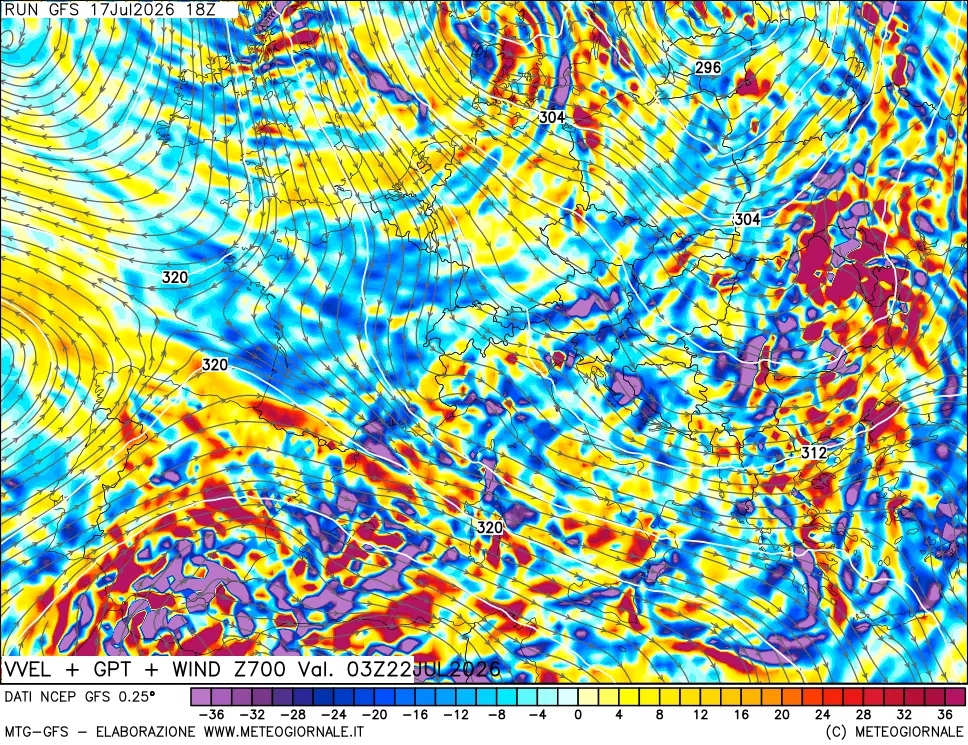 mappa 700 hPa Velocit&agrave; verticiali + GPT + Vento