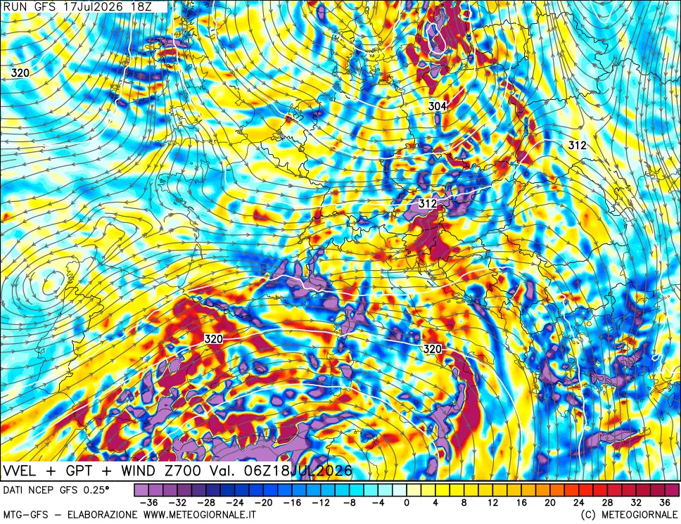 mappa 700 hPa Velocit&agrave; verticiali + GPT + Vento