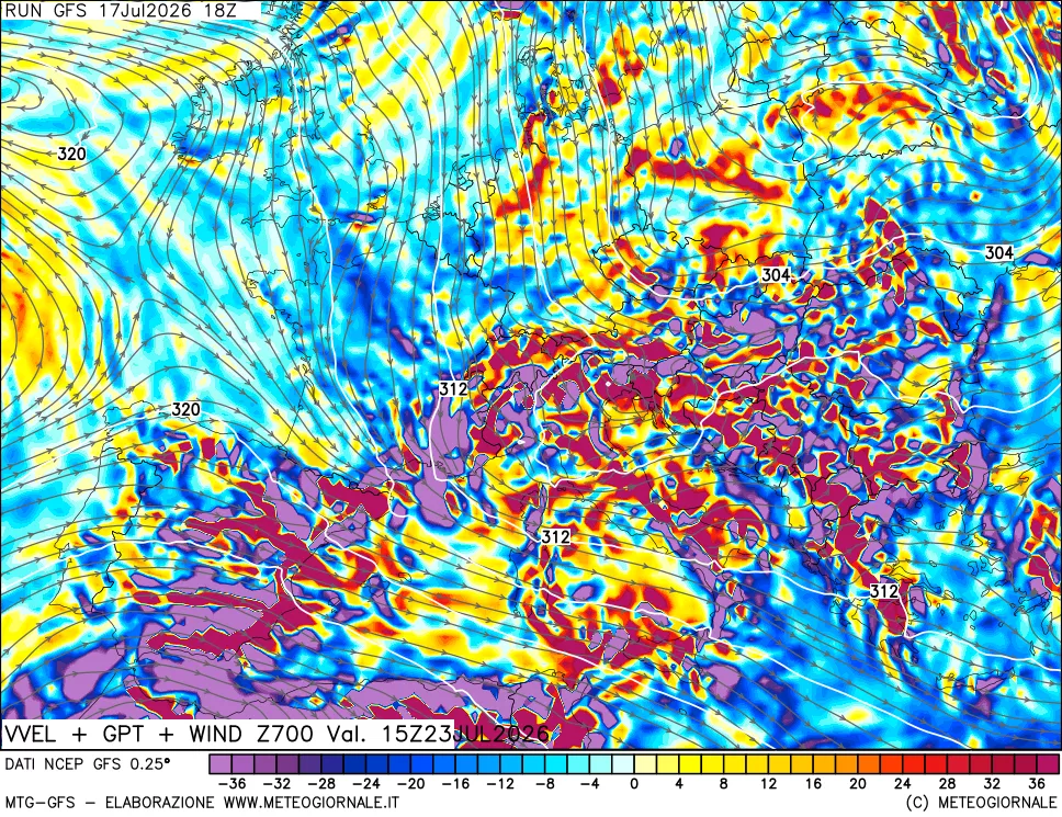 mappa 700 hPa Velocit&agrave; verticiali + GPT + Vento
