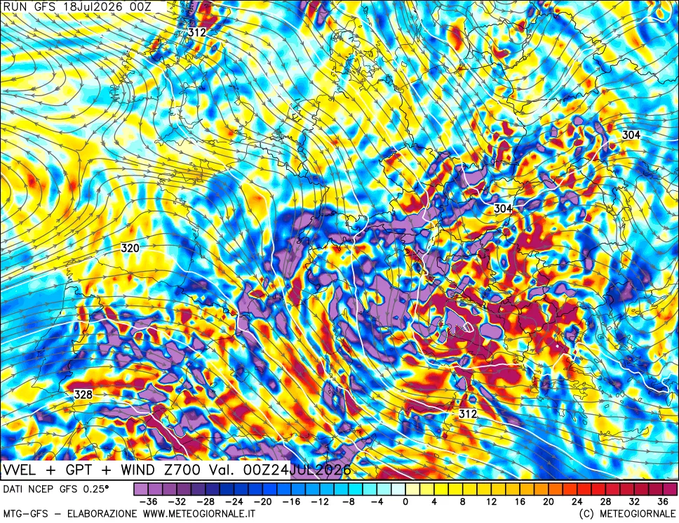 mappa 700 hPa Velocit&agrave; verticiali + GPT + Vento