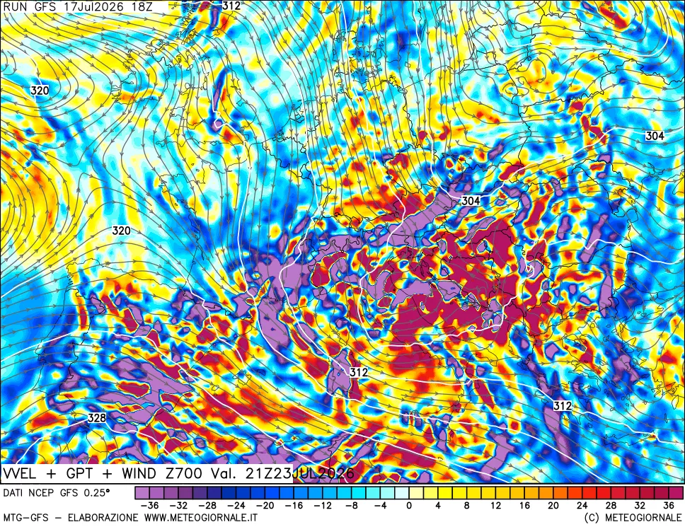 mappa 700 hPa Velocit&agrave; verticiali + GPT + Vento