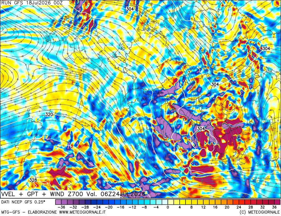 mappa 700 hPa Velocit&agrave; verticiali + GPT + Vento