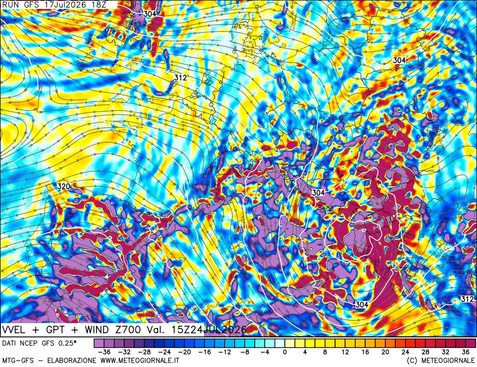 mappa 700 hPa Velocit&agrave; verticiali + GPT + Vento