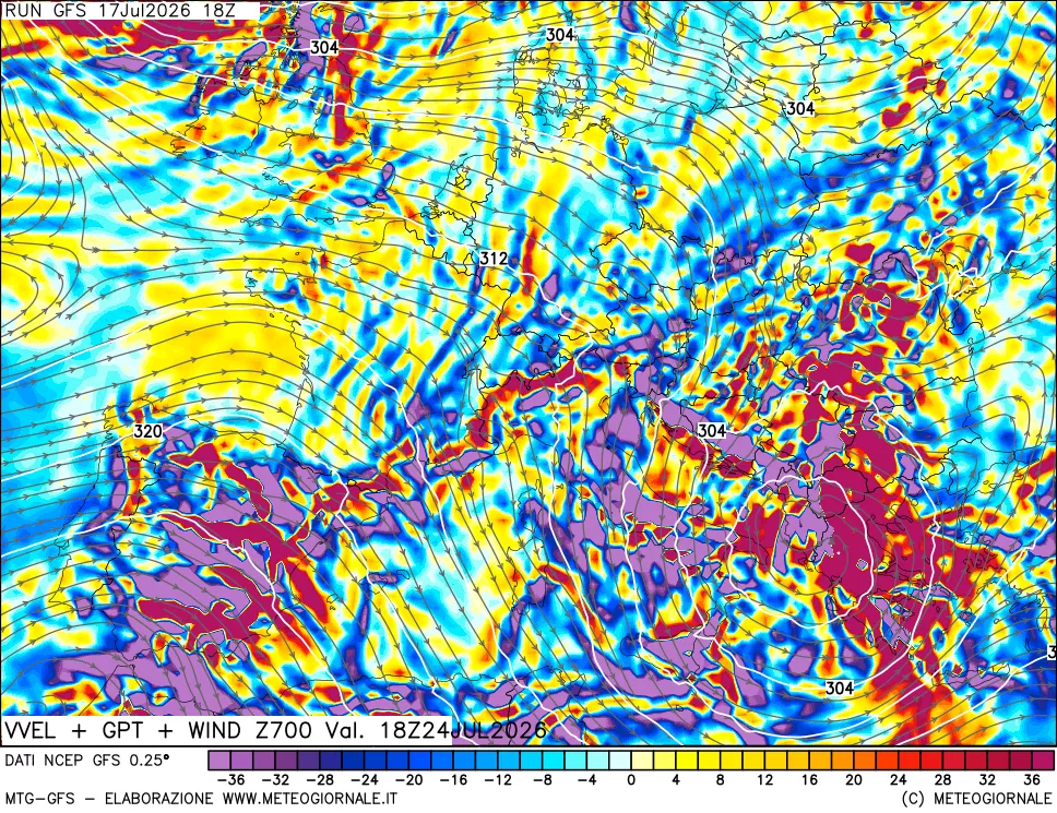 mappa 700 hPa Velocit&agrave; verticiali + GPT + Vento