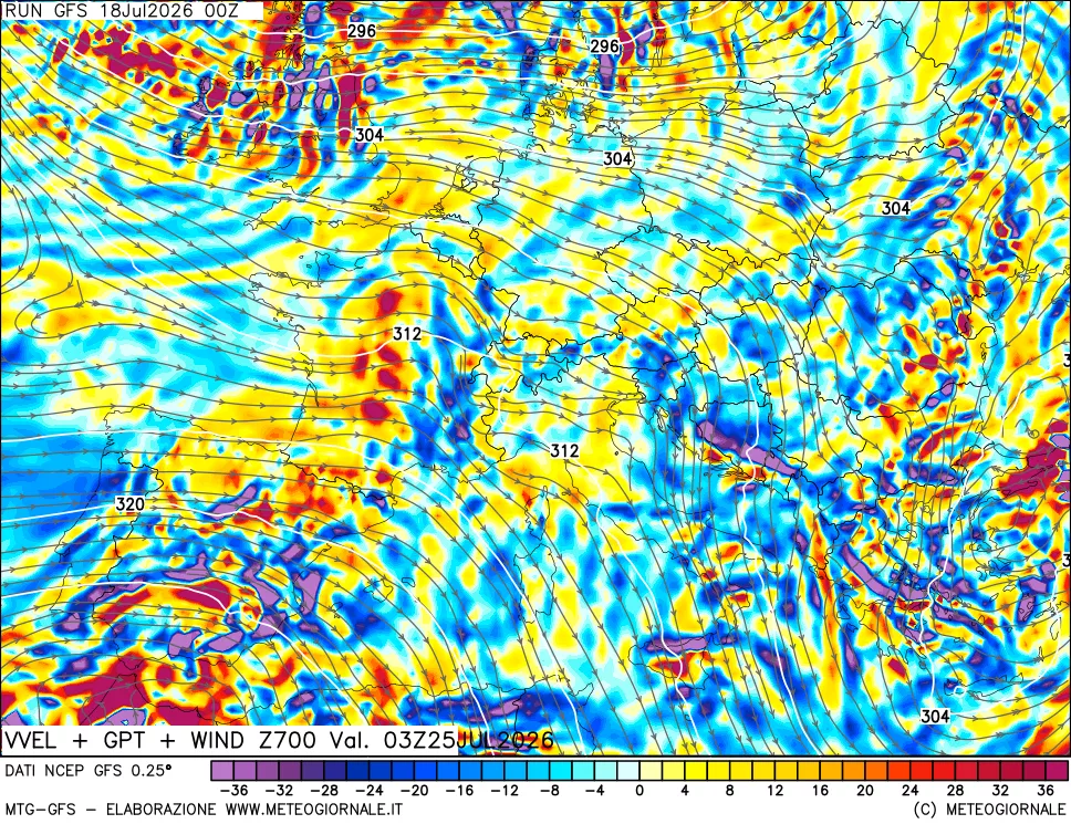 mappa 700 hPa Velocit&agrave; verticiali + GPT + Vento