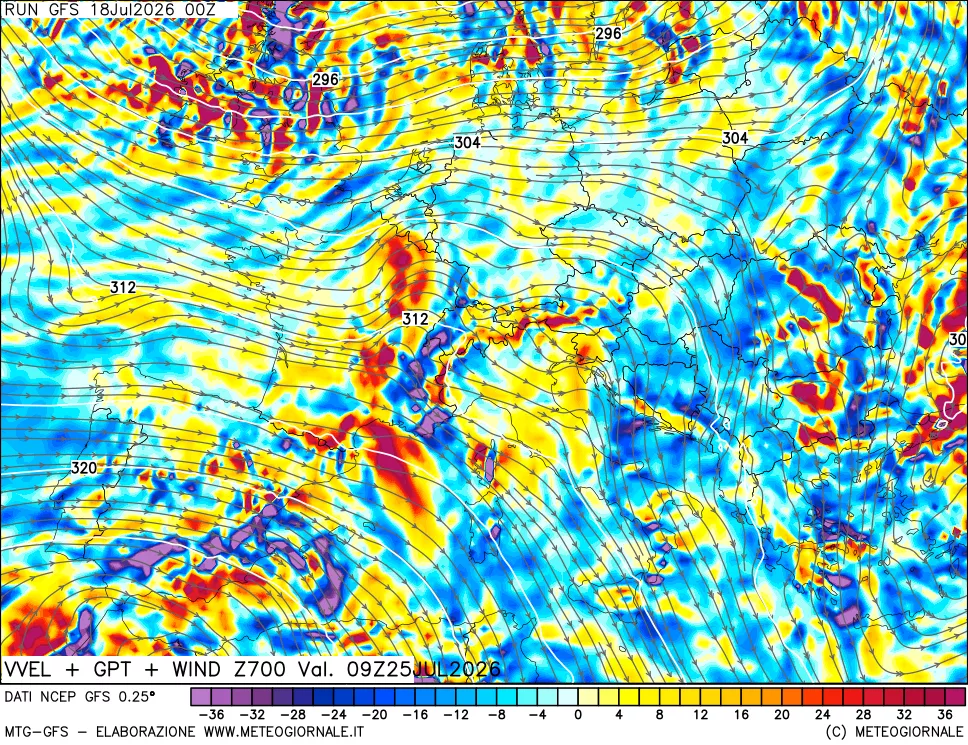 mappa 700 hPa Velocit&agrave; verticiali + GPT + Vento
