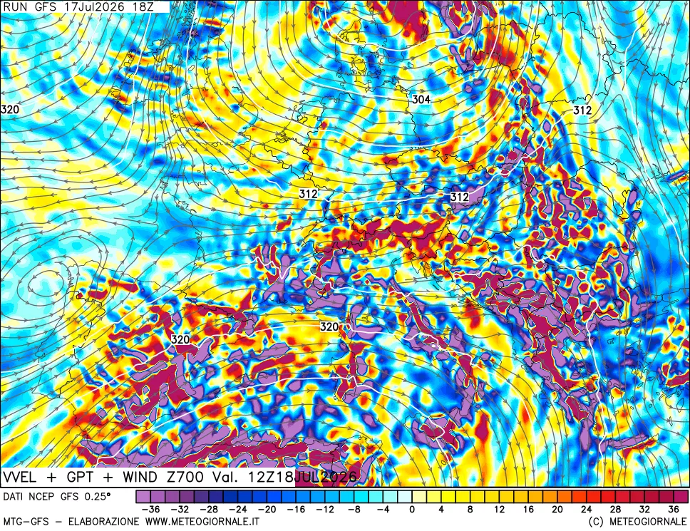 mappa 700 hPa Velocit&agrave; verticiali + GPT + Vento