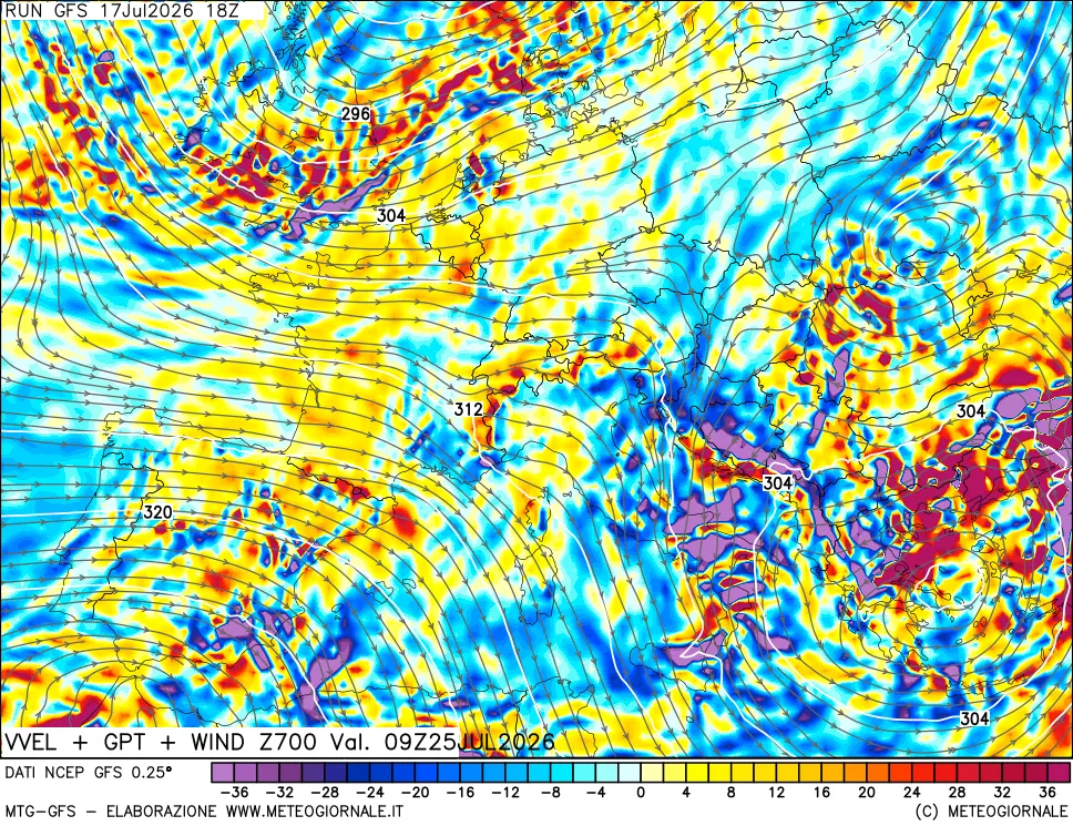 mappa 700 hPa Velocit&agrave; verticiali + GPT + Vento