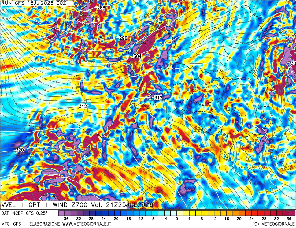 mappa 700 hPa Velocit&agrave; verticiali + GPT + Vento