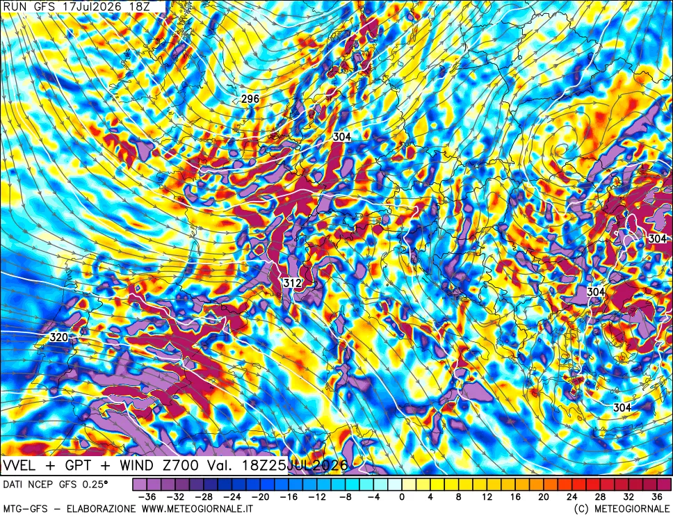 mappa 700 hPa Velocit&agrave; verticiali + GPT + Vento
