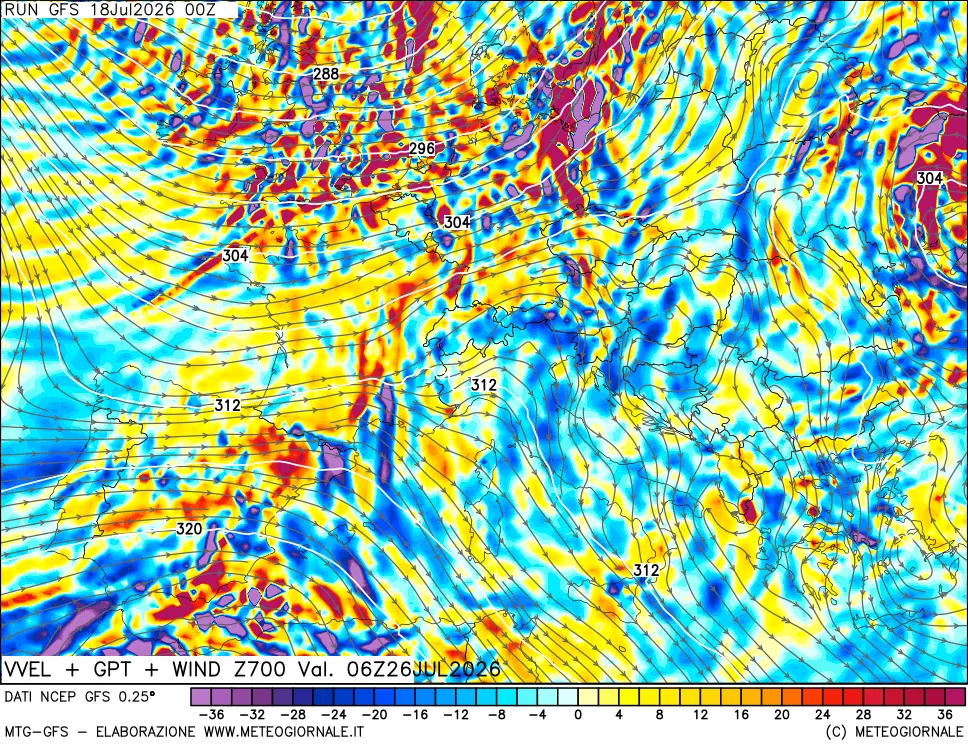 mappa 700 hPa Velocit&agrave; verticiali + GPT + Vento