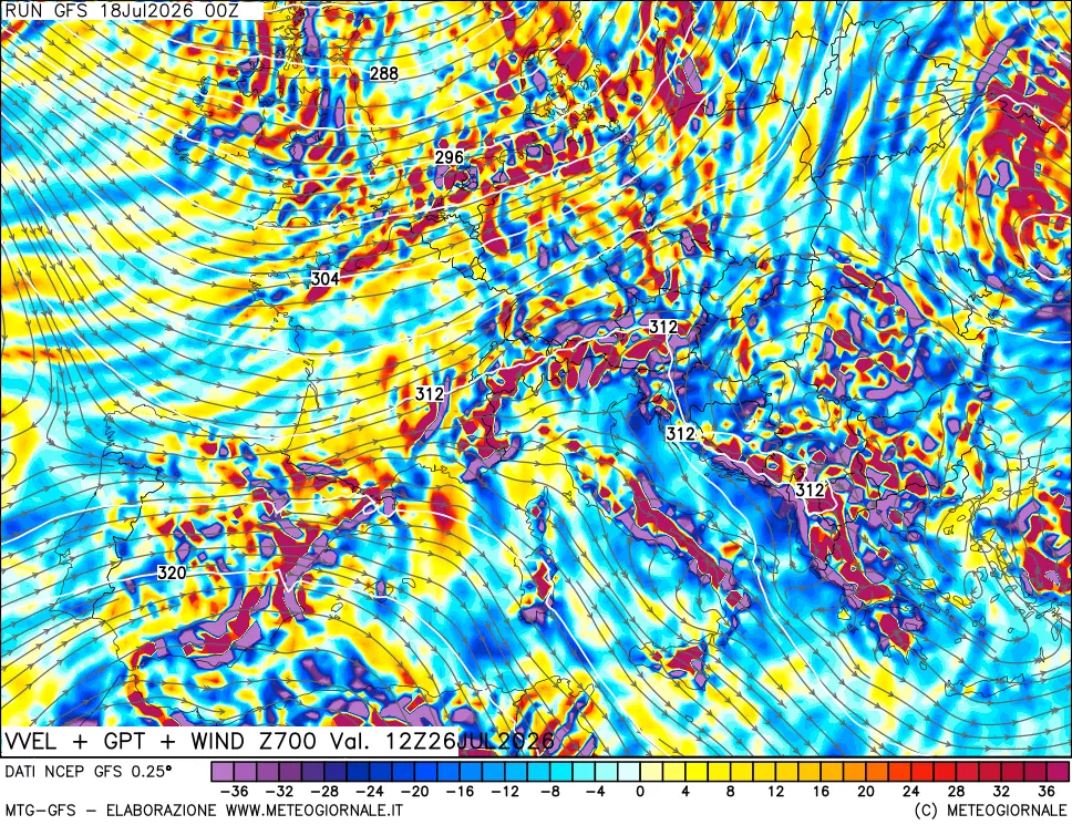 mappa 700 hPa Velocit&agrave; verticiali + GPT + Vento