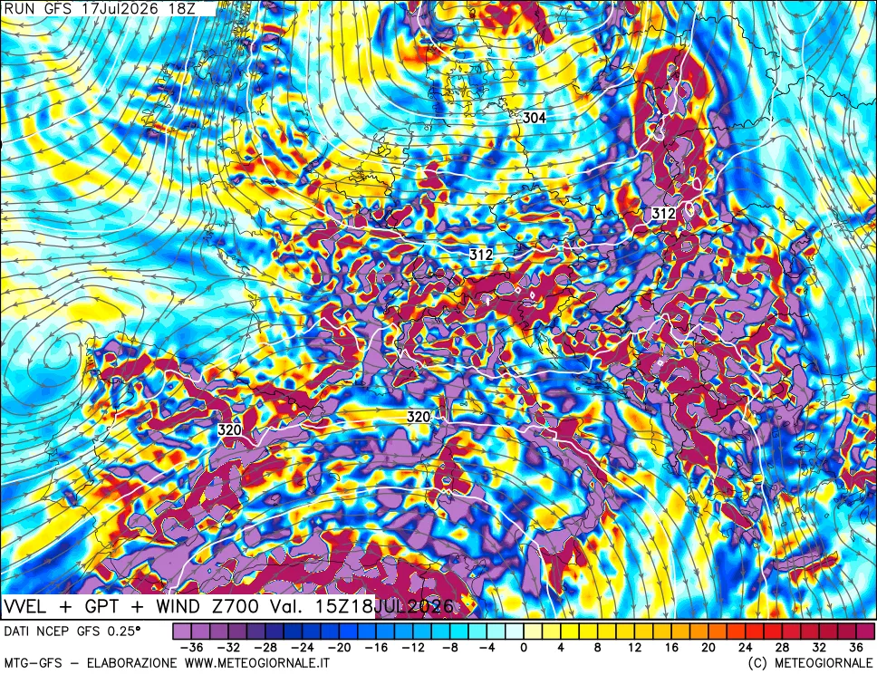 mappa 700 hPa Velocit&agrave; verticiali + GPT + Vento