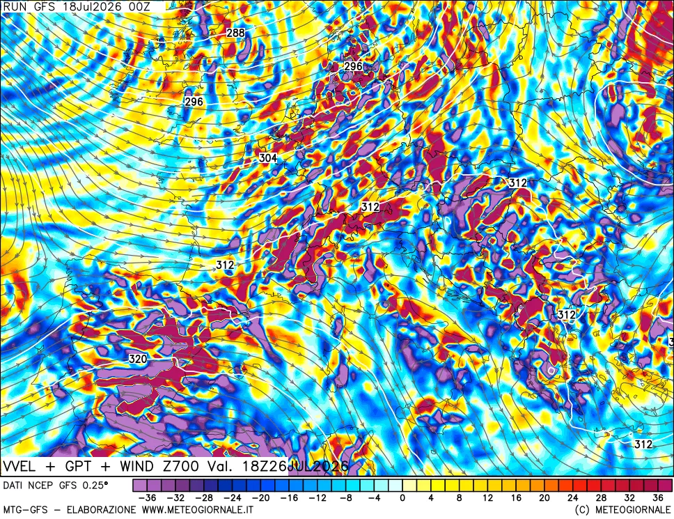 mappa 700 hPa Velocit&agrave; verticiali + GPT + Vento