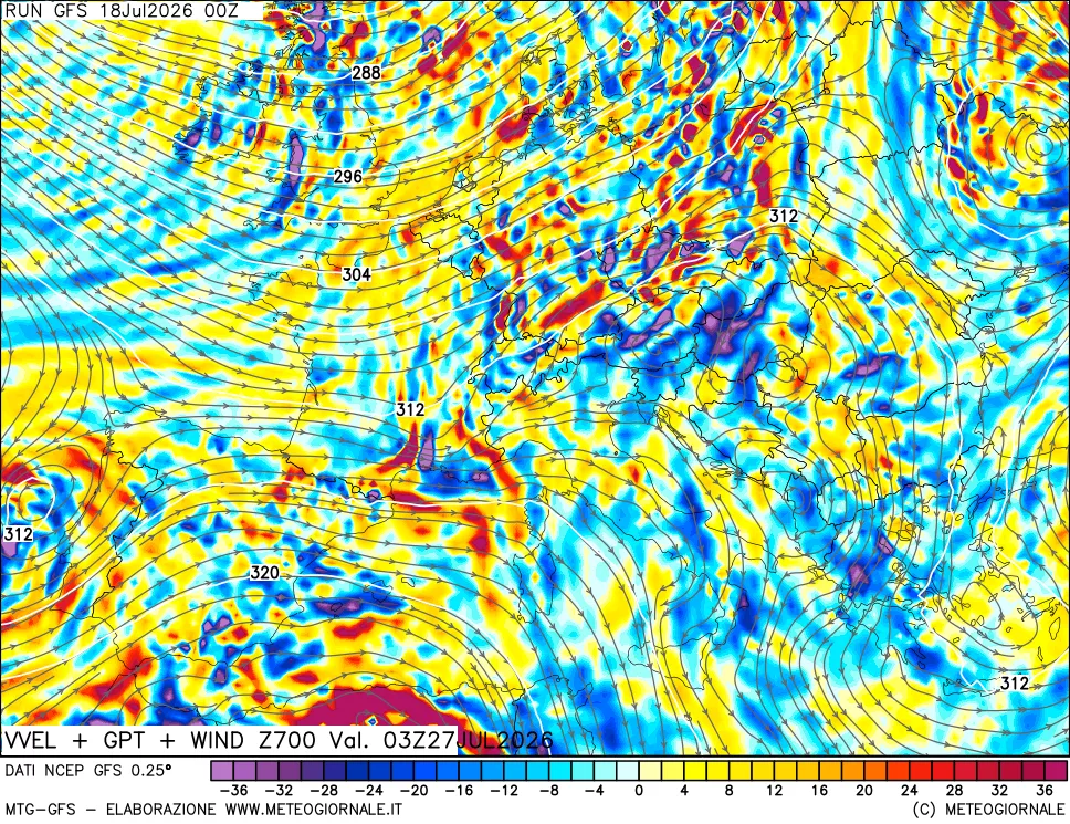 mappa 700 hPa Velocit&agrave; verticiali + GPT + Vento