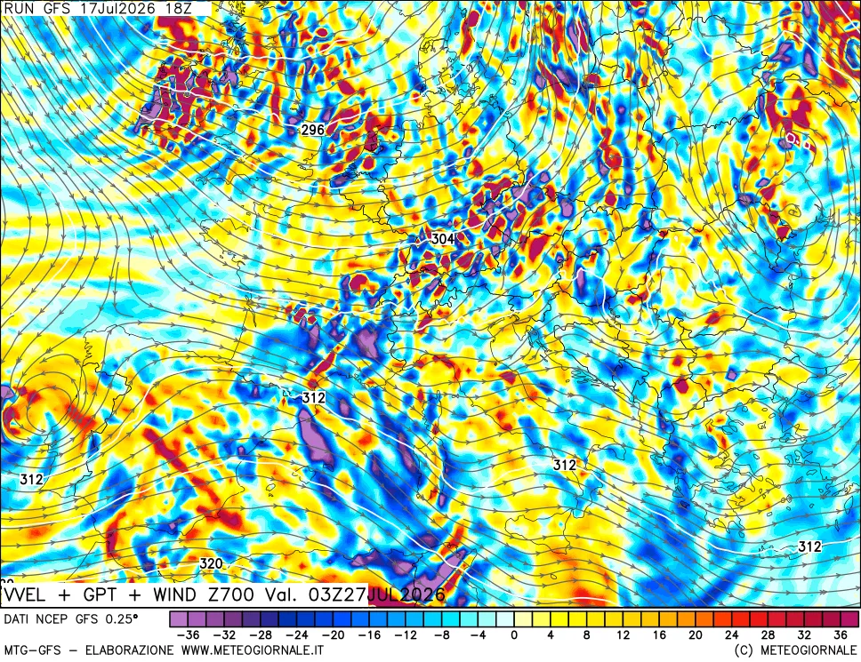 mappa 700 hPa Velocit&agrave; verticiali + GPT + Vento