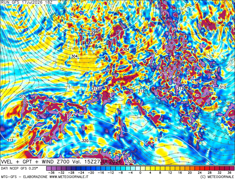 mappa 700 hPa Velocit&agrave; verticiali + GPT + Vento