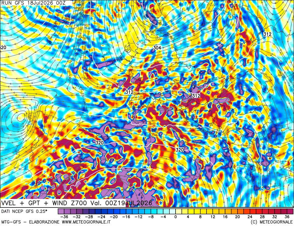 mappa 700 hPa Velocit&agrave; verticiali + GPT + Vento