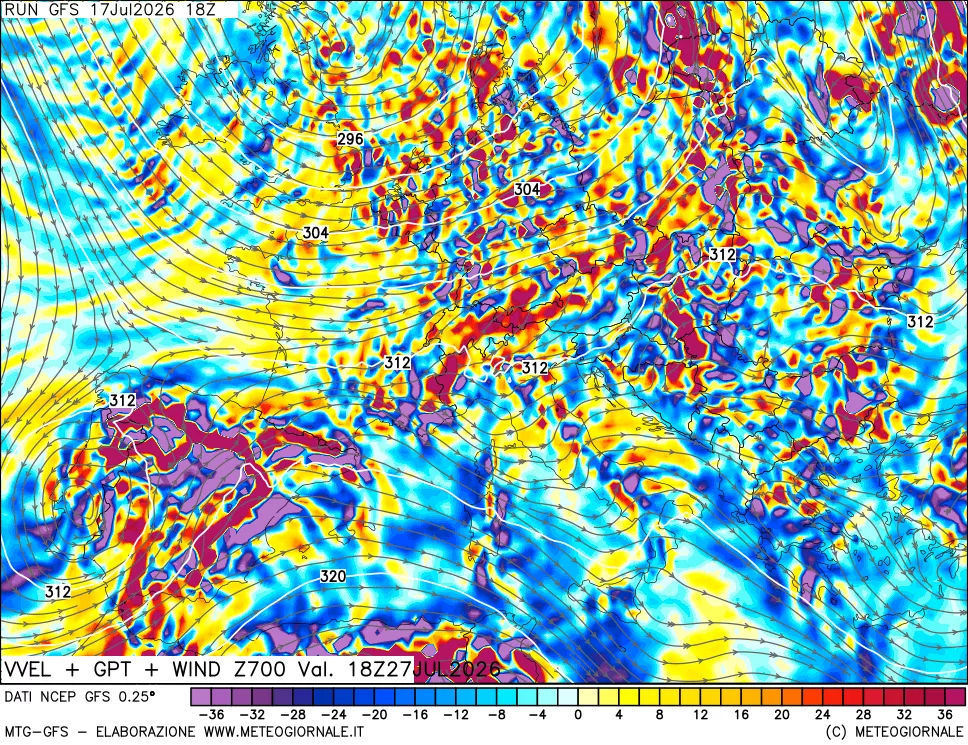 mappa 700 hPa Velocit&agrave; verticiali + GPT + Vento