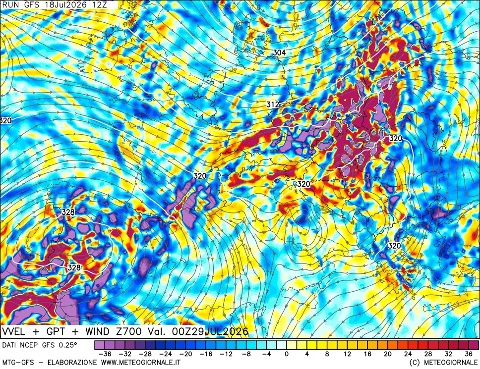 mappa 700 hPa Velocit&agrave; verticiali + GPT + Vento