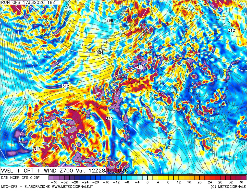 mappa 700 hPa Velocit&agrave; verticiali + GPT + Vento