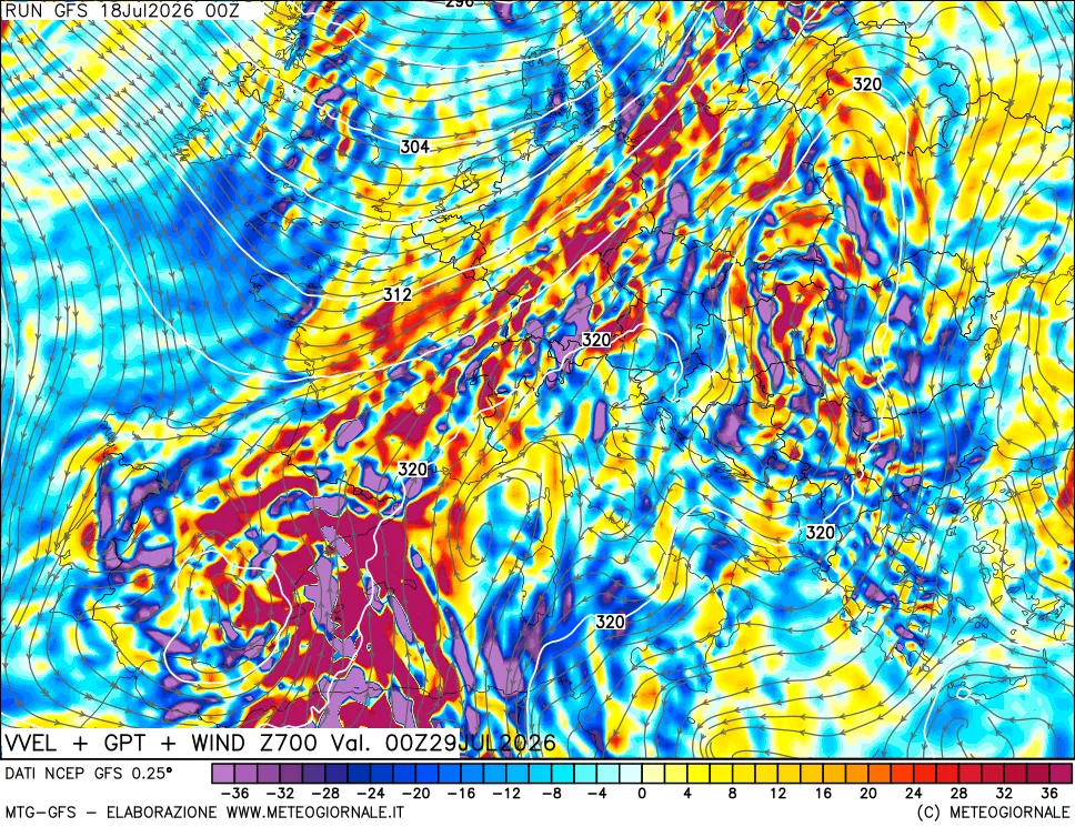 mappa 700 hPa Velocit&agrave; verticiali + GPT + Vento