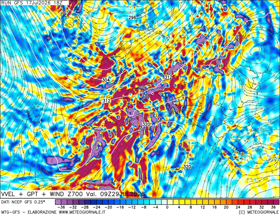 mappa 700 hPa Velocit&agrave; verticiali + GPT + Vento