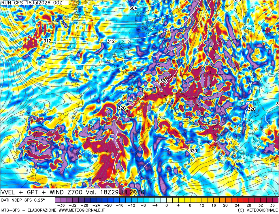 mappa 700 hPa Velocit&agrave; verticiali + GPT + Vento