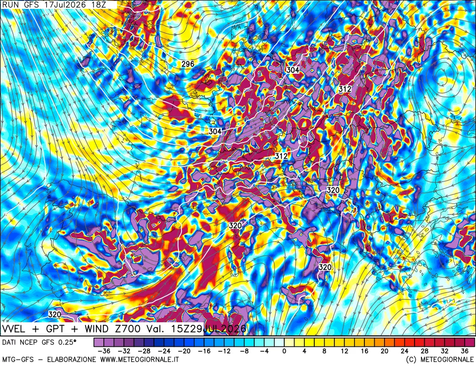 mappa 700 hPa Velocit&agrave; verticiali + GPT + Vento
