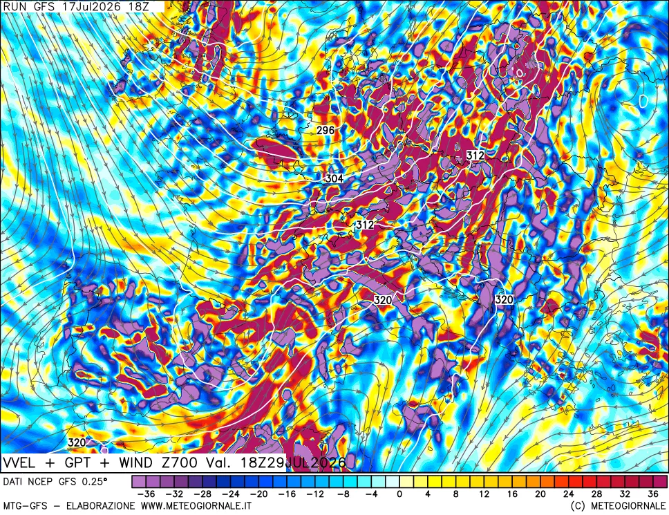 mappa 700 hPa Velocit&agrave; verticiali + GPT + Vento