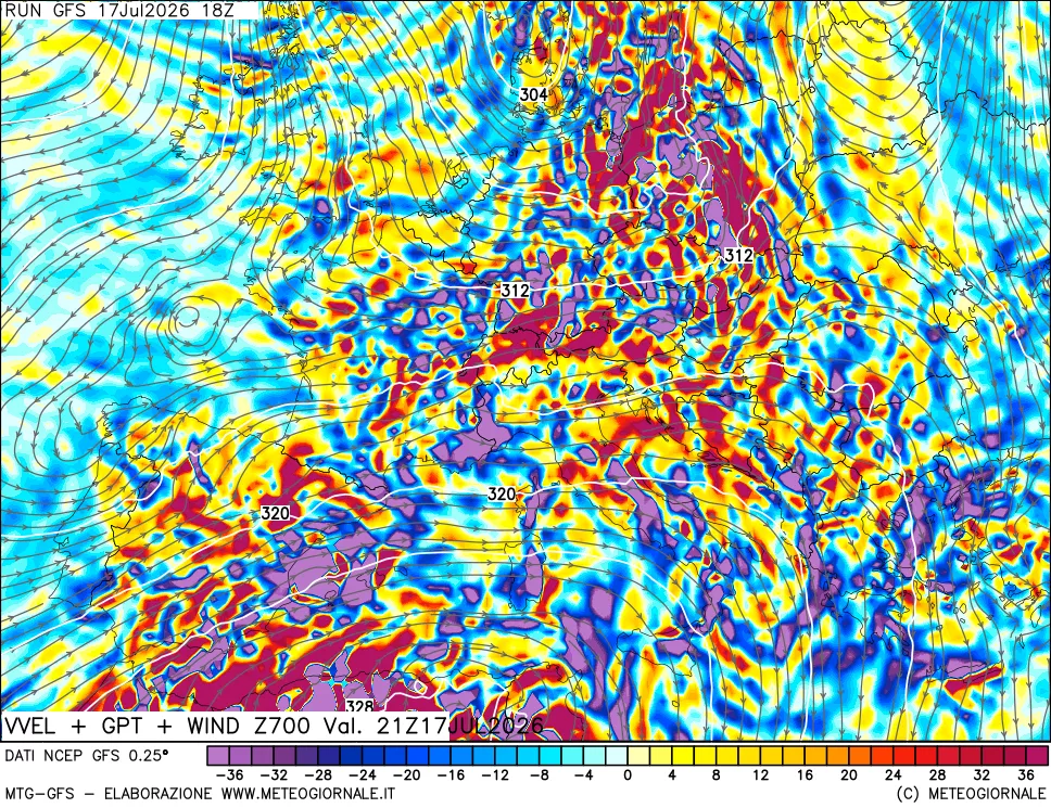 mappa 700 hPa Velocit&agrave; verticiali + GPT + Vento
