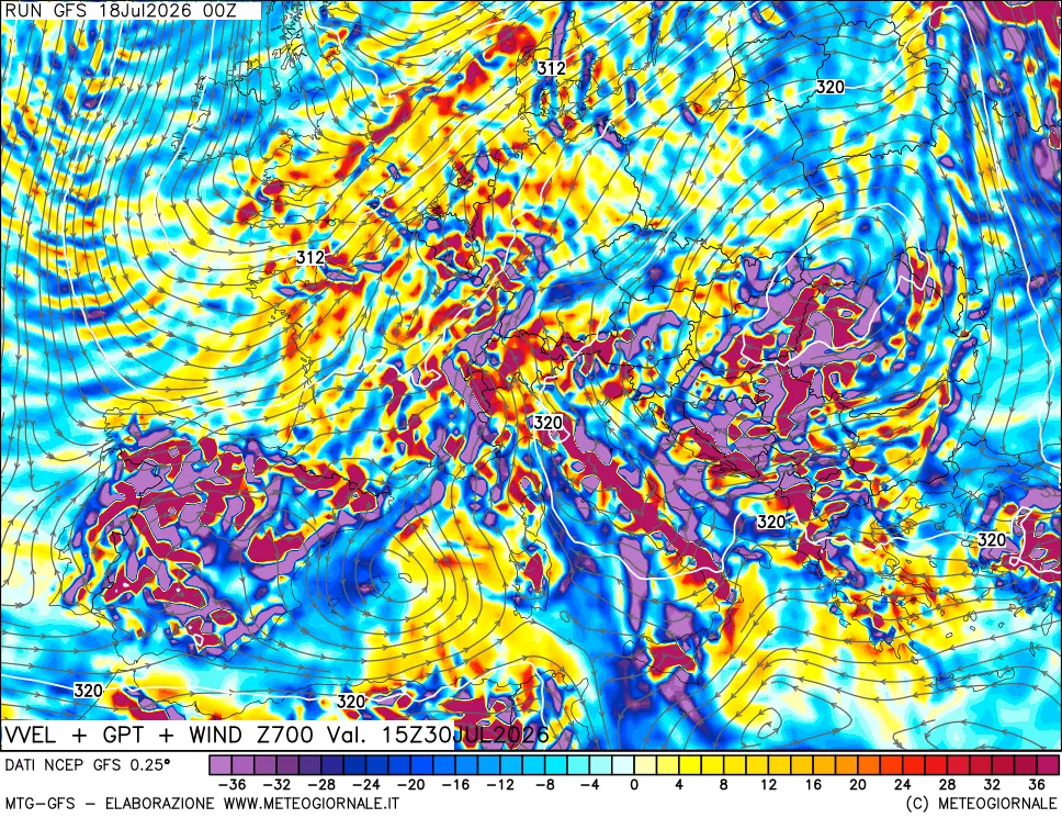 mappa 700 hPa Velocit&agrave; verticiali + GPT + Vento