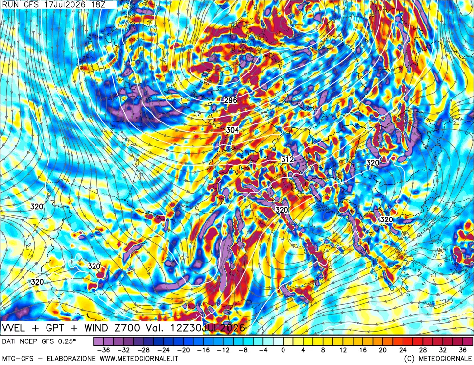 mappa 700 hPa Velocit&agrave; verticiali + GPT + Vento