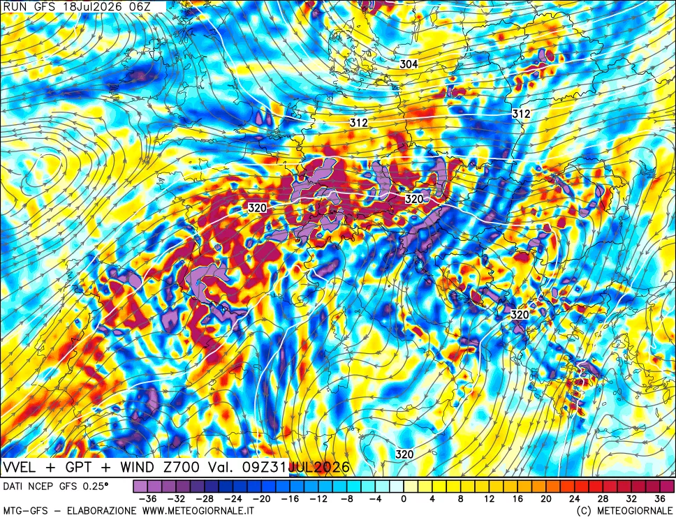 mappa 700 hPa Velocit&agrave; verticiali + GPT + Vento