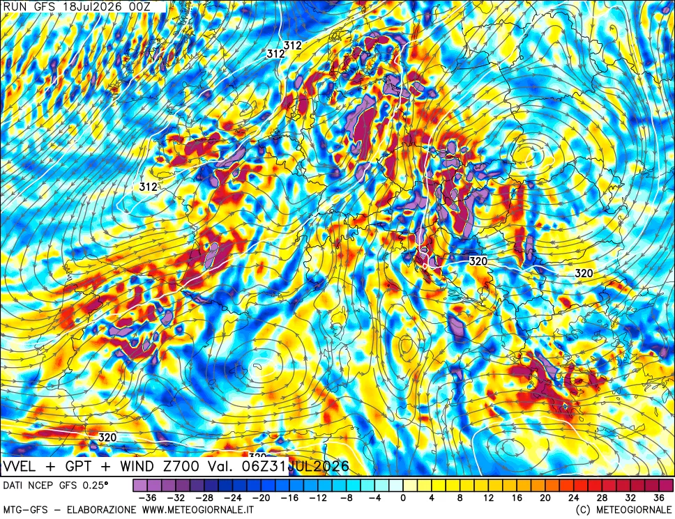 mappa 700 hPa Velocit&agrave; verticiali + GPT + Vento