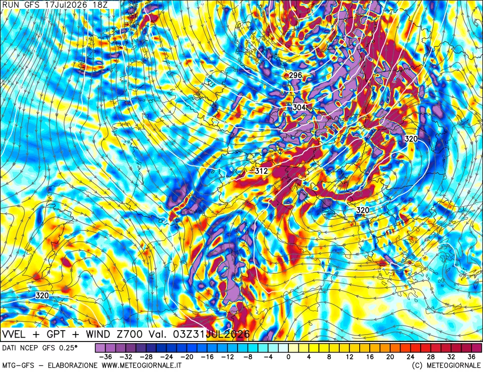mappa 700 hPa Velocit&agrave; verticiali + GPT + Vento