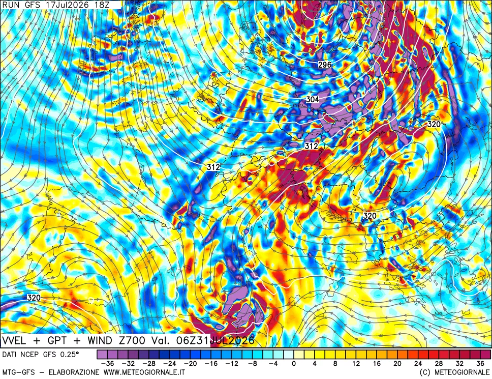 mappa 700 hPa Velocit&agrave; verticiali + GPT + Vento