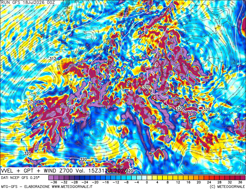 mappa 700 hPa Velocit&agrave; verticiali + GPT + Vento