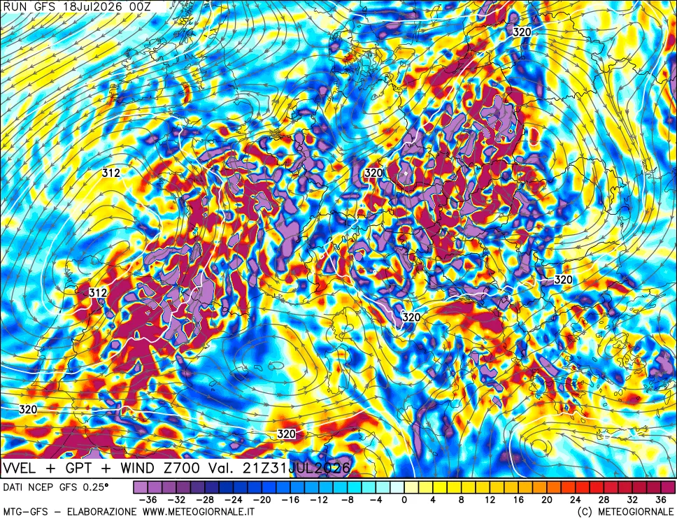 mappa 700 hPa Velocit&agrave; verticiali + GPT + Vento