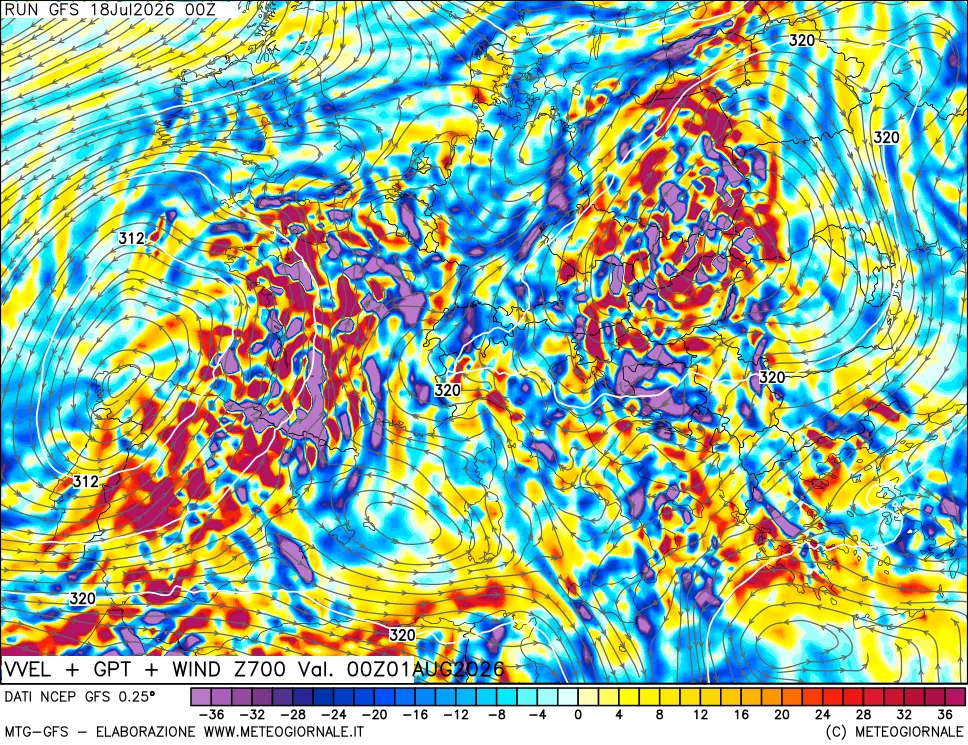 mappa 700 hPa Velocit&agrave; verticiali + GPT + Vento