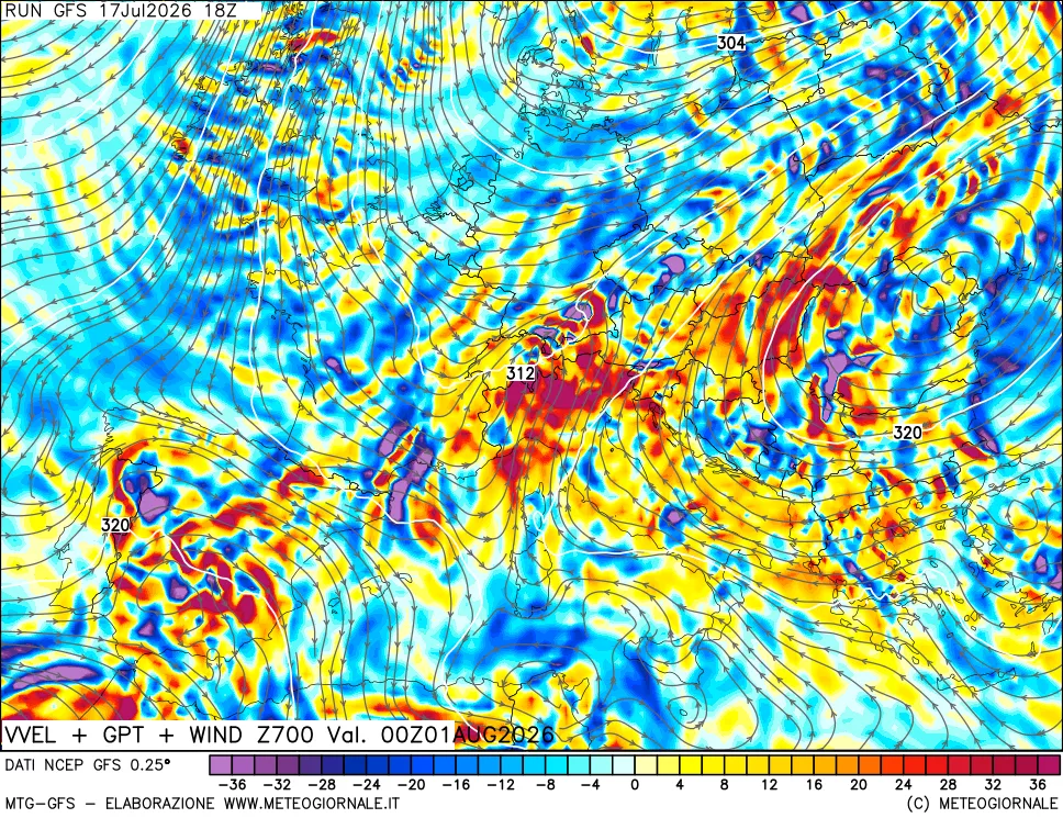 mappa 700 hPa Velocit&agrave; verticiali + GPT + Vento
